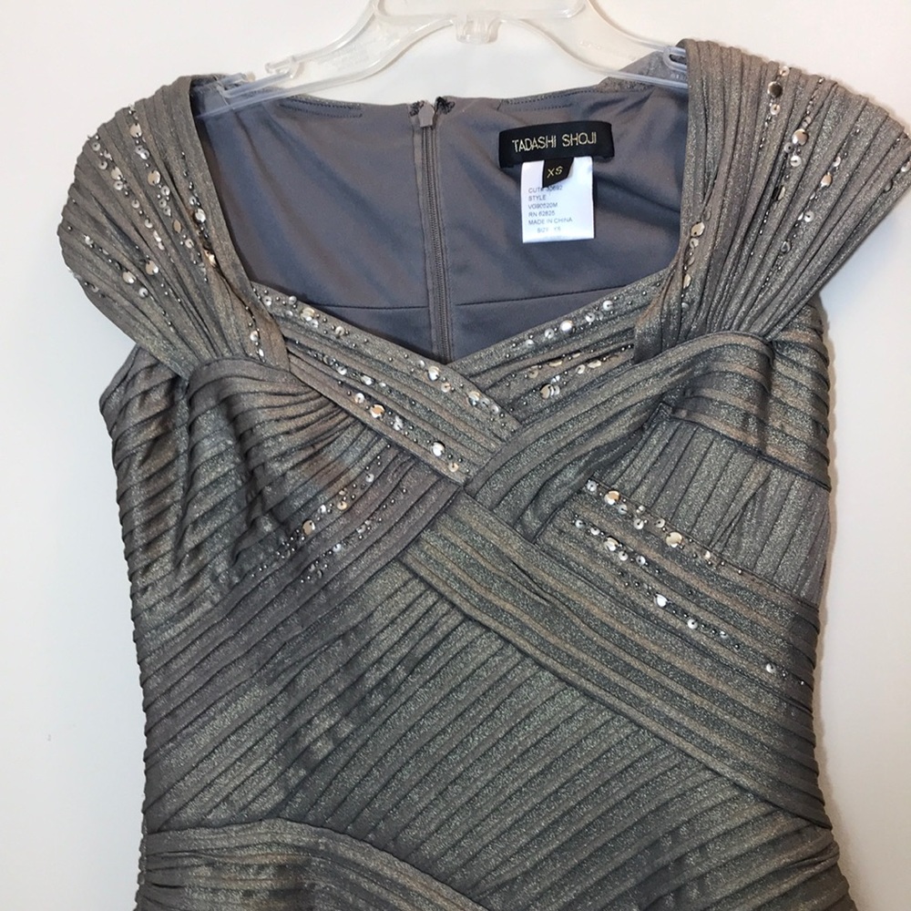 Tadashi Shoji Gold Pleated & Studded Fitted Dress